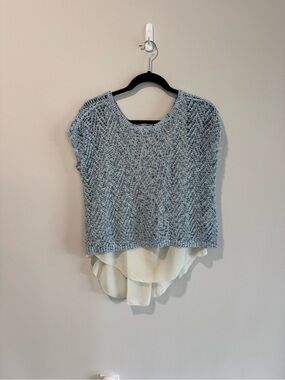 Lucky Brand Light Blue Open-Knit Sweater Top with Cream Chiffon Underlay